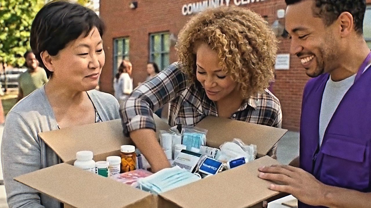 Volunteers with a box of donated medical supplies